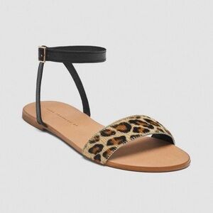 Zara Flat Leopard Print Ankle Strap Leather Sandals Size 7